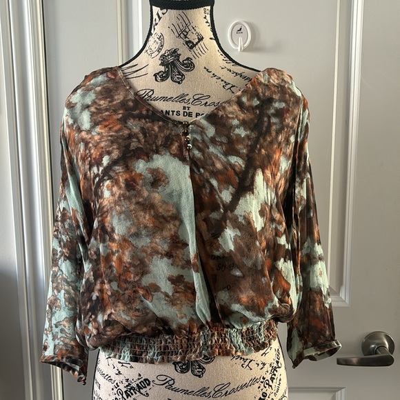 TED BAKER Erana Silk Floral Print Top Semi-sheer 3/4 Sleeve Blue Brown - Picture 2 of 7